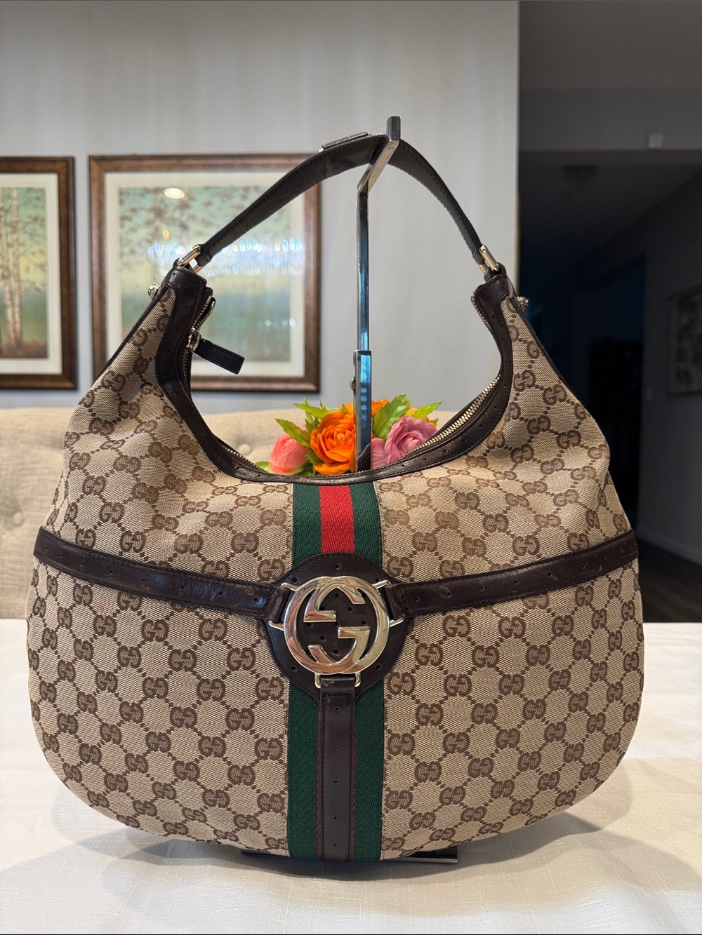 Authentic Gucci Beige GG Canvas Hobo with Red and Green Web Stripe